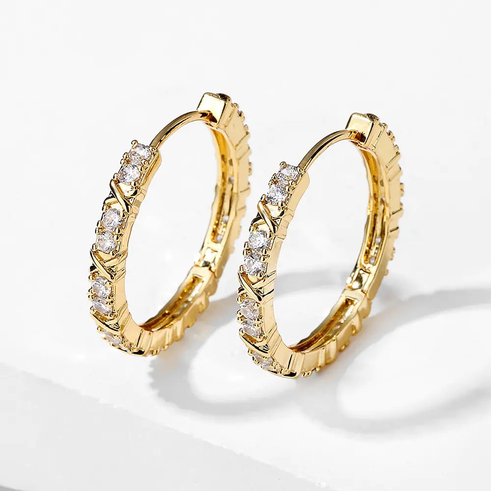 Elegant Gold-Plated Zircon Cross X Hoop Earrings