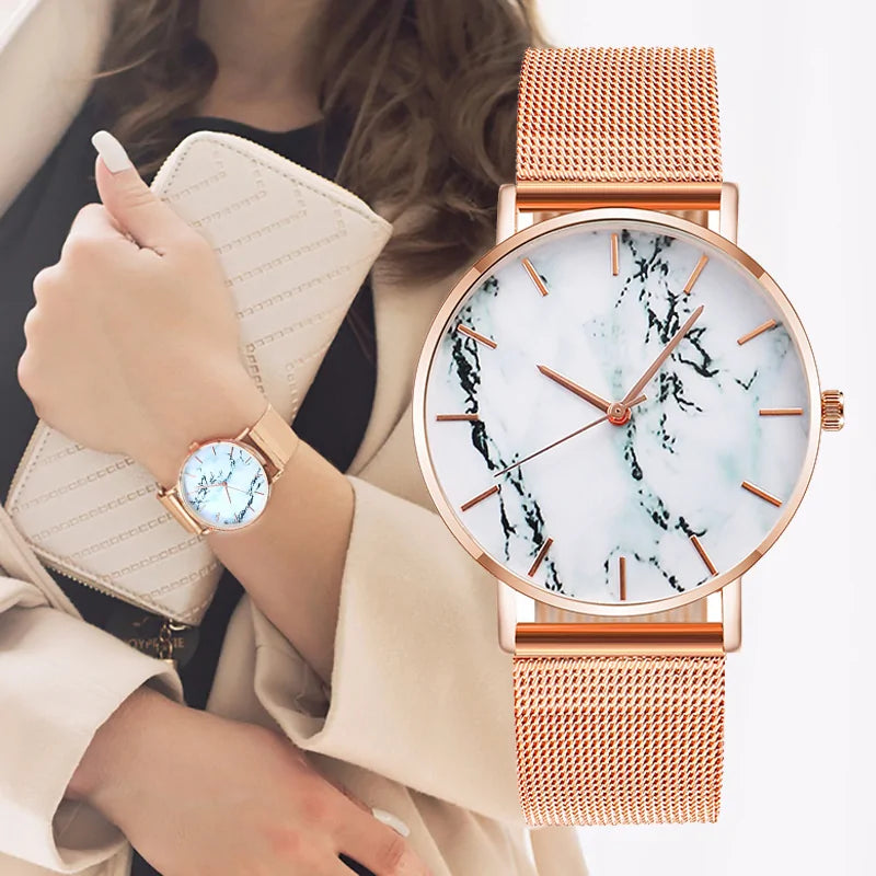 Elegant Marble Dial Watch with Mesh Band