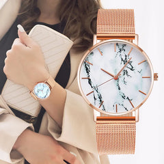 Elegant Marble Dial Watch with Mesh Band